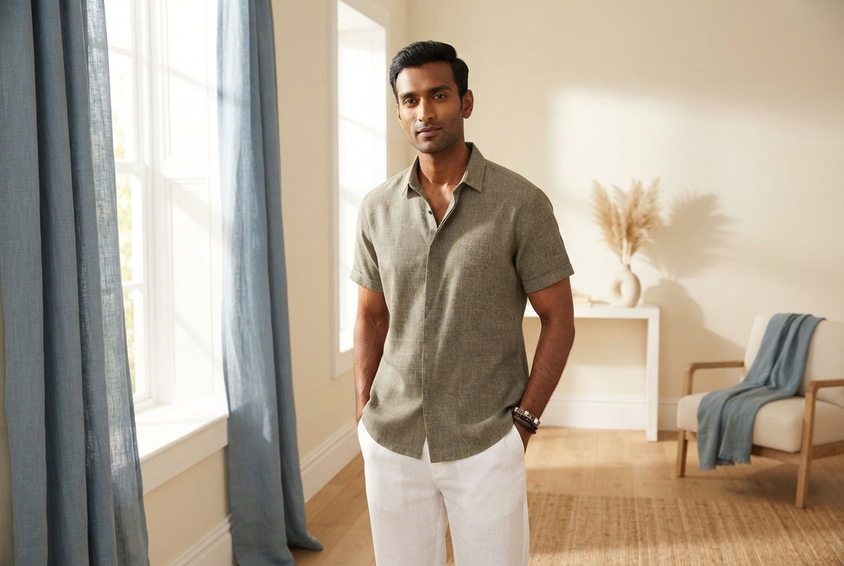 A man wearing a lightweight linen shirt in a bright room with warm cream and dusty blue decor.